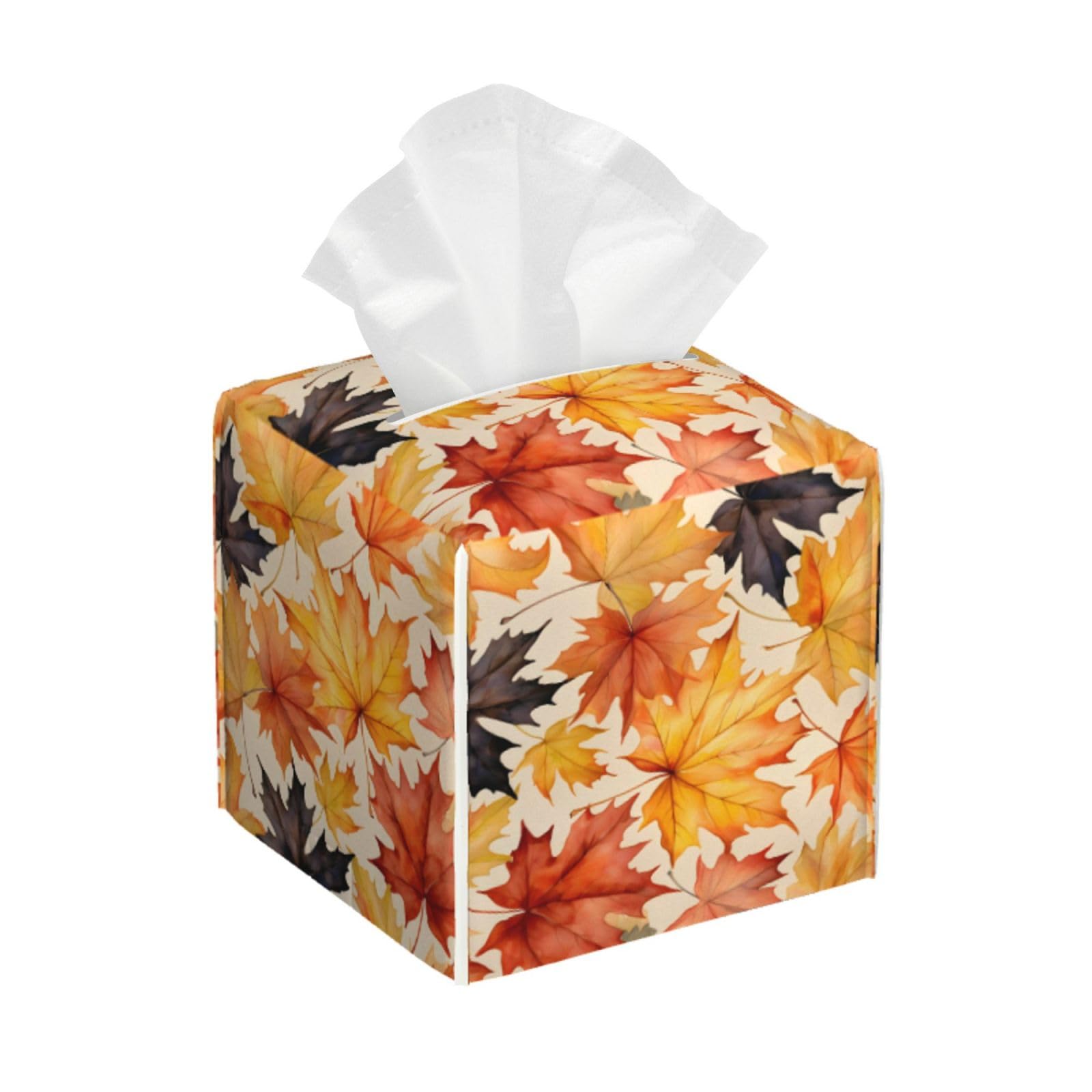 Tissue Box Cover Fall Maple Leaf Square PU Leather Tissue Box Holder for Car Bathroom Bedroom Desk Tabletop Decor