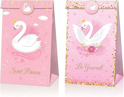 Miniatura 5 de Paquete de 12 bolsas de regalo para fiesta de cisne, decoración de fiesta de cumpleaños con temática de cisne rosa, aperitivos, bolsas de papel con