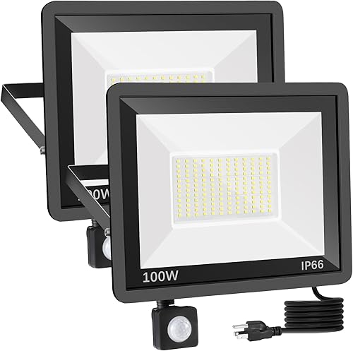 Paquete de 2 luces LED de 100 W con sensor de movimiento, luz de trabajo LED de 11500 lúmenes con enchufe, reflectores impermeables IP66 para
