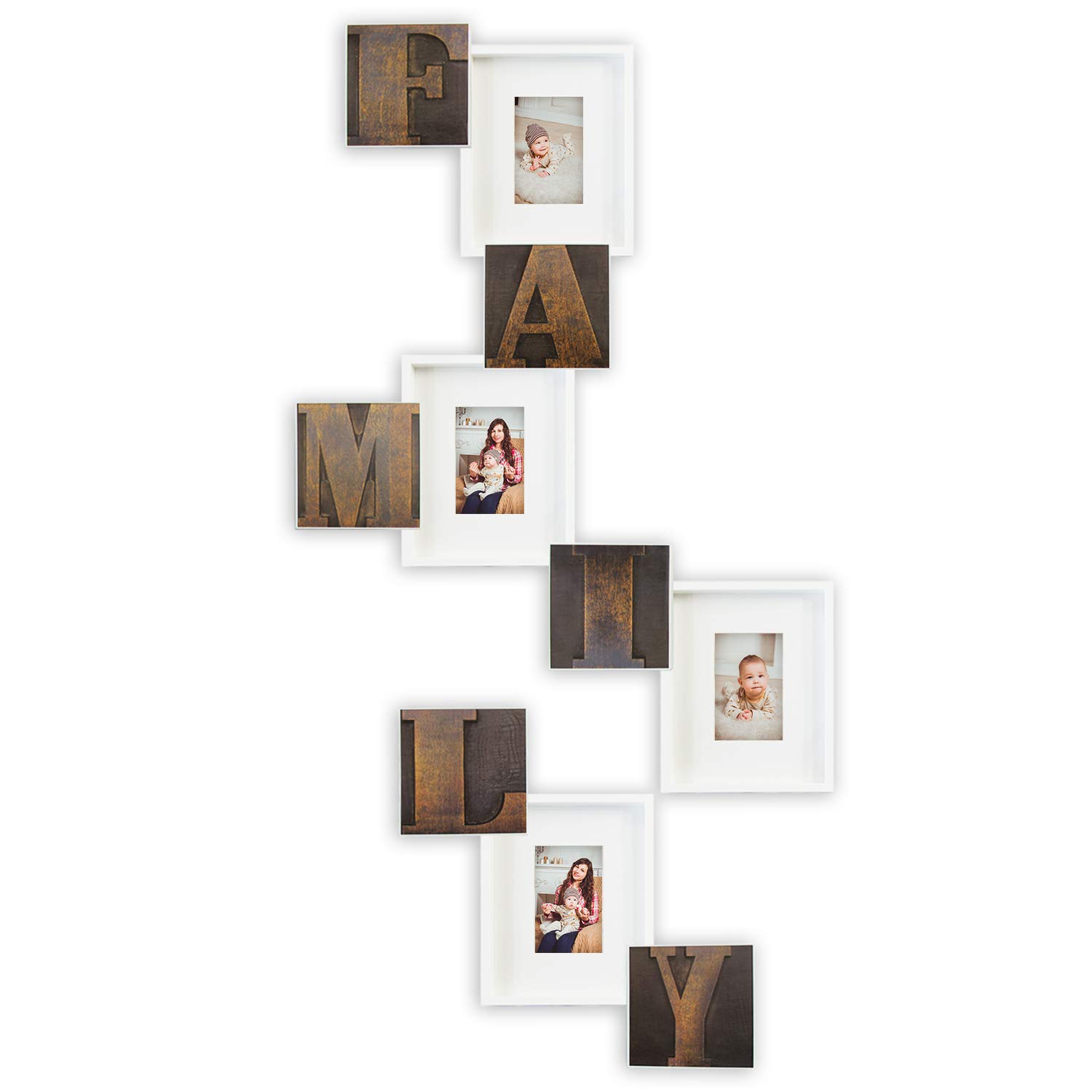 J.M.Deco Luxury Photo Frame 4 Slots Reunion Family Slogan Picture Frame with Glass Cover Selfie Gallery Collage Wall Hanging for 6x4 Photo, White & Brown Gold