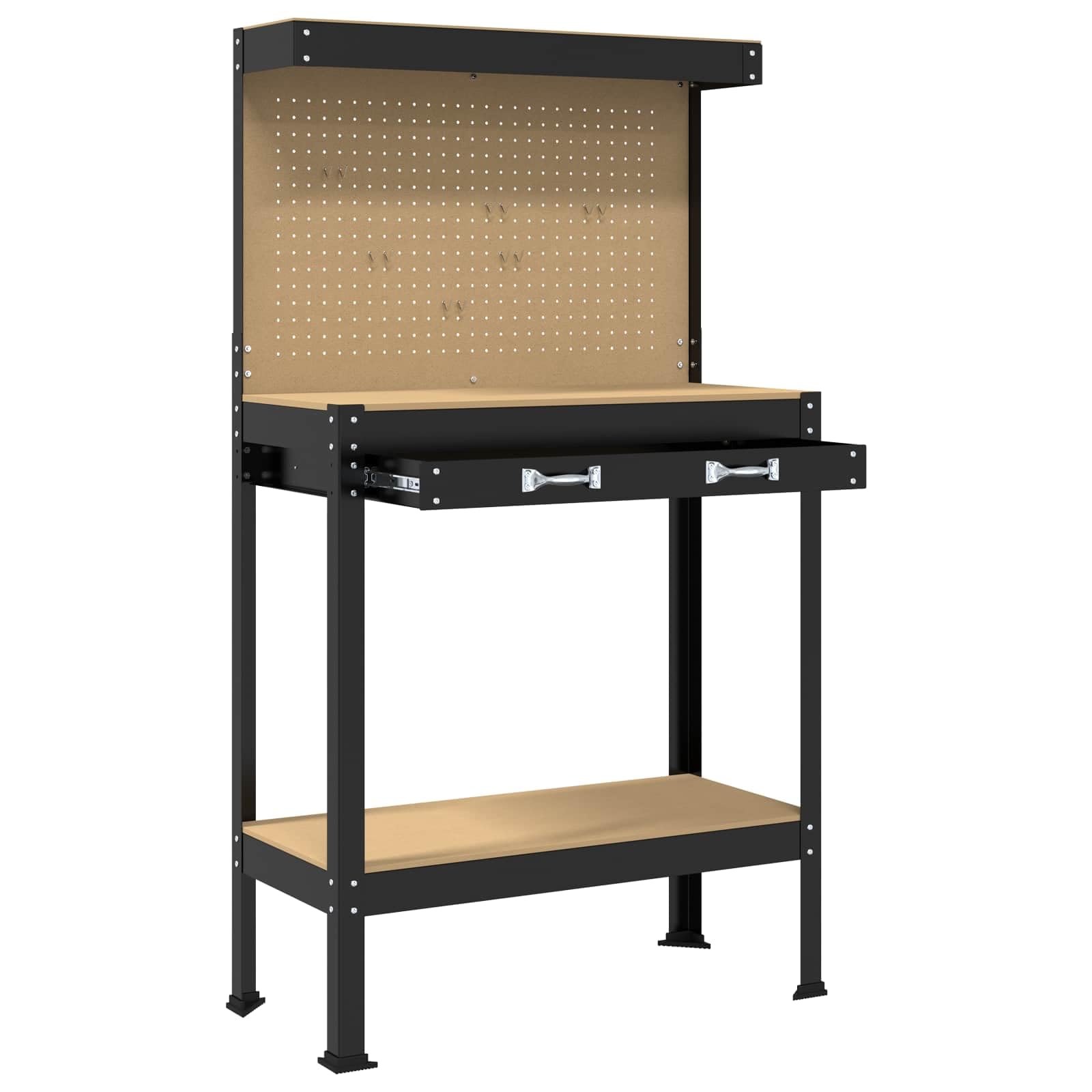 Banco de trabajo industrial con cajones, color negro, 81 x 41 x 145 cm, estructura de madera, estructura de metal, estanterías