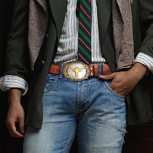 Mens Western Leather Buckle Belts, Cowboy Long Horn Bull Belt Buckles Rodeo Large Buckle Brown Belts, 38mm Wide3