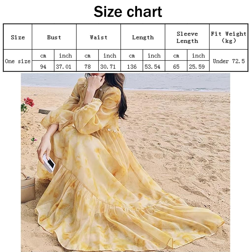 Abito Donna Francese con Stampa Ombre, Abito Lungo da Spiaggia con Volant E Scollo A V Primavera/Estate, Maniche A Palloncino/Vita Alta