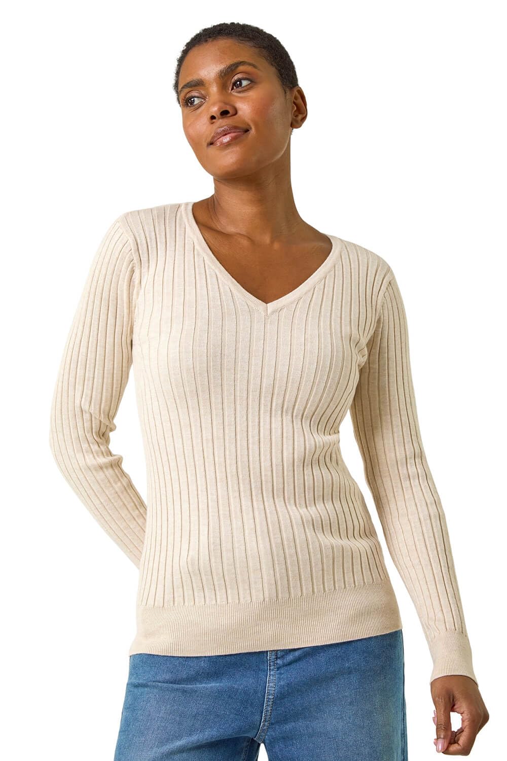 Roman Originals Women's Ivory V-Neck Ribbed Knit Jumper For Uk - Everyday Holiday Spring Summer V-Neckline Comfy Soft Evening Vacation Work Party - Size 14