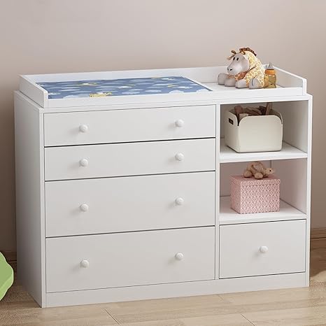 AIEGLE Baby Nursery Dresser, White Bedroom Dresser with 5 Drawers & Storage Shelves, Wood Chest of Drawers Nursery Storage Kids Organizer (47.6" L x 19.7" W x 36.1" H)