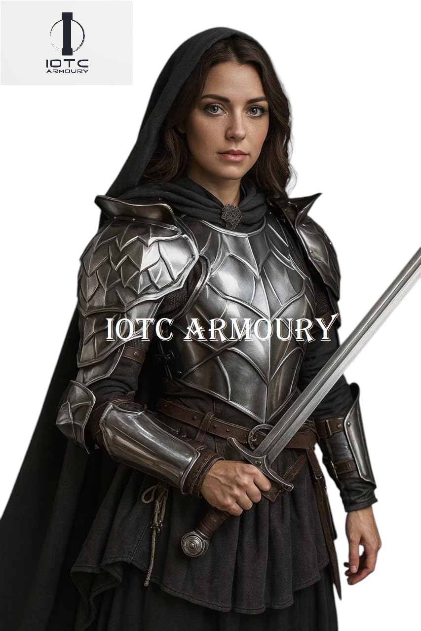 Lady Warrior Half Body Armor Dragon Style Cuirass, Pauldrons, Gorget,Bracers | Medieval Lady Armor | LARP Lady Costume | Gift for Women | Brave Lady Armor for Cosplay, Reenactment, Halloween Silver