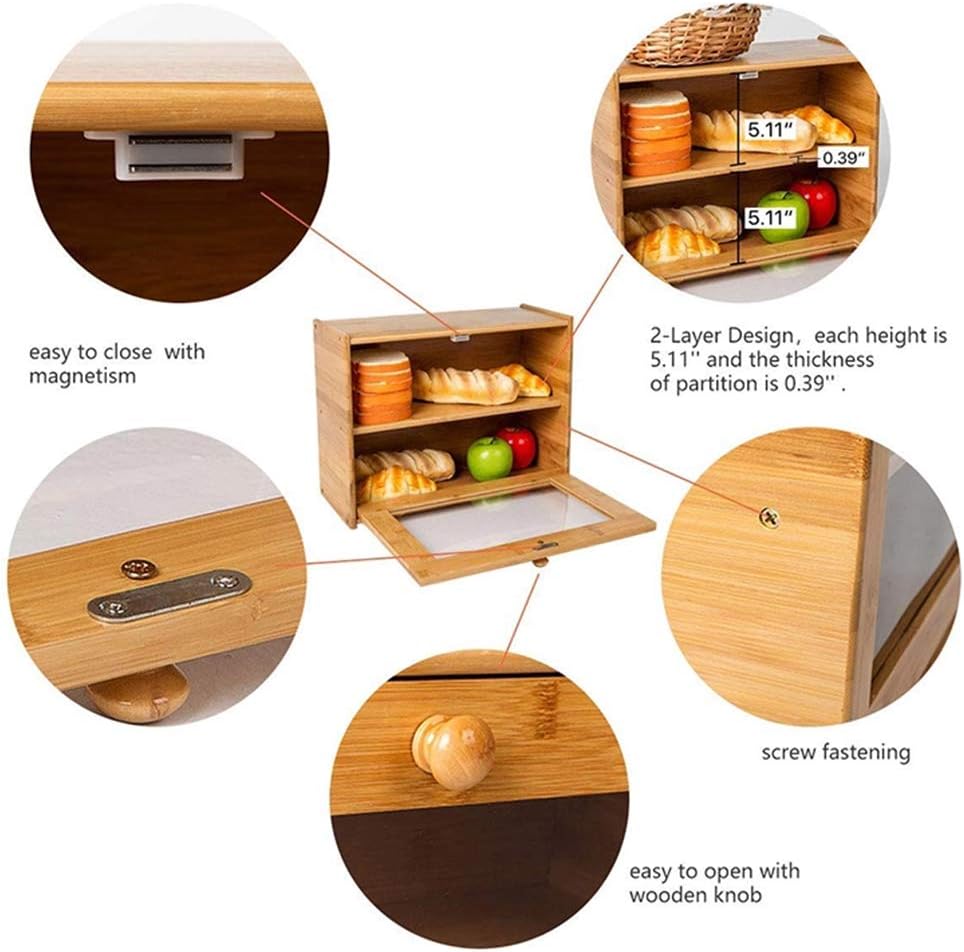 Bamboo Large Bread Box for Kitchen Countertop,2 Layer Bread Storage Container with Window,Farmhouse Kitchen Decor for Kitchen Counter,Wood Storage Box, Bread Holder To Keep Baking Fresh,No Assembly: Home & Kitchen