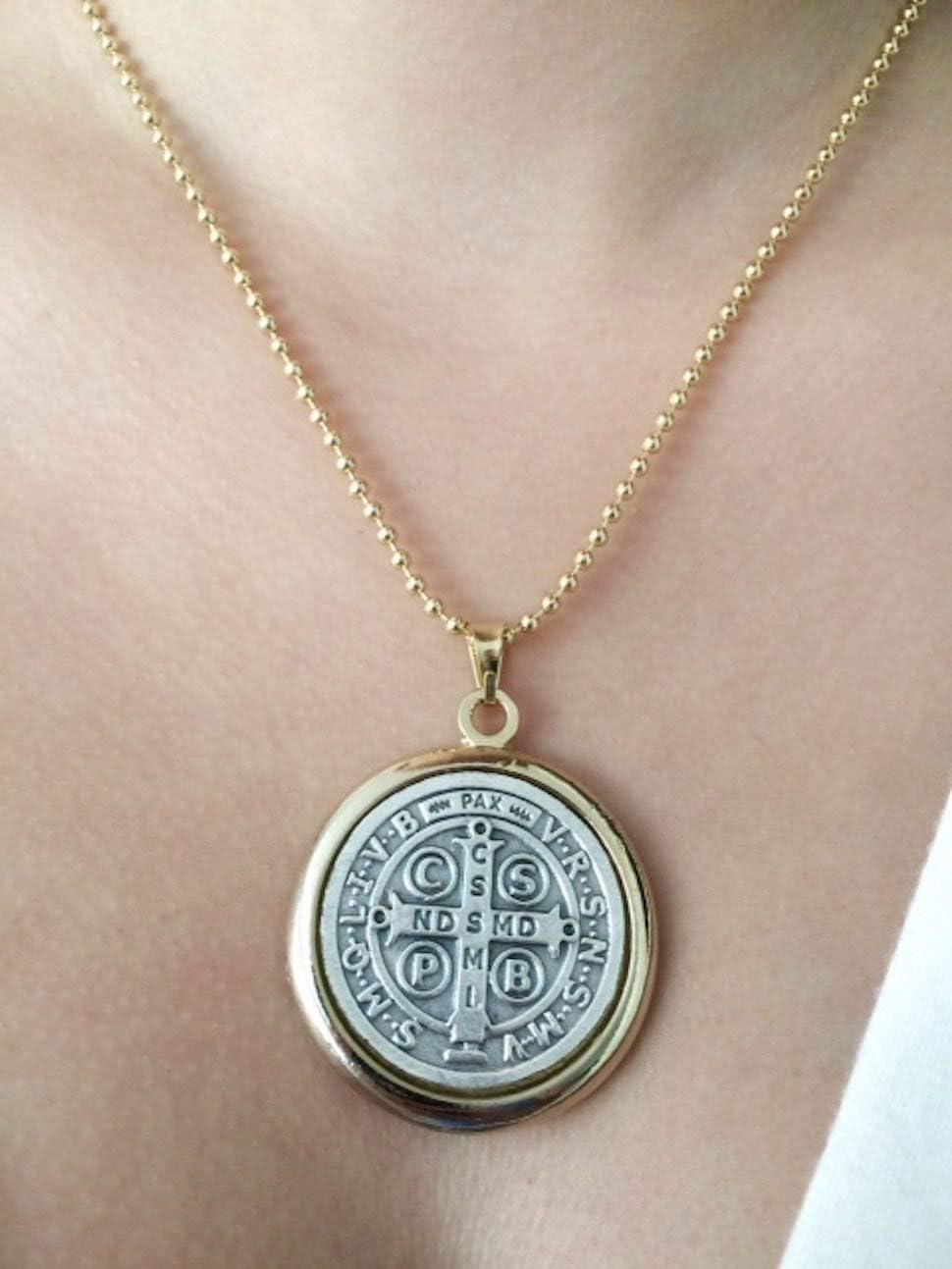 St Benedict Necklace Gold Plated Chain 17.2 Inches 45cm Medalla San Benito - Image 3