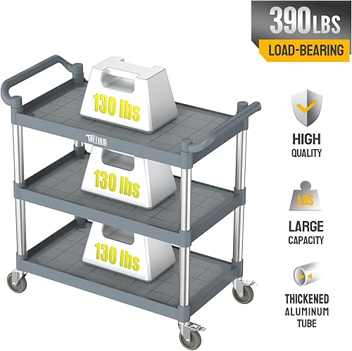 Miniatura 6 de TUFFIOM Carrito de servicio de plástico con ruedas, resistente capacidad de 450 libras, enrollado comercial de 3 niveles, ideal para restaurante,
