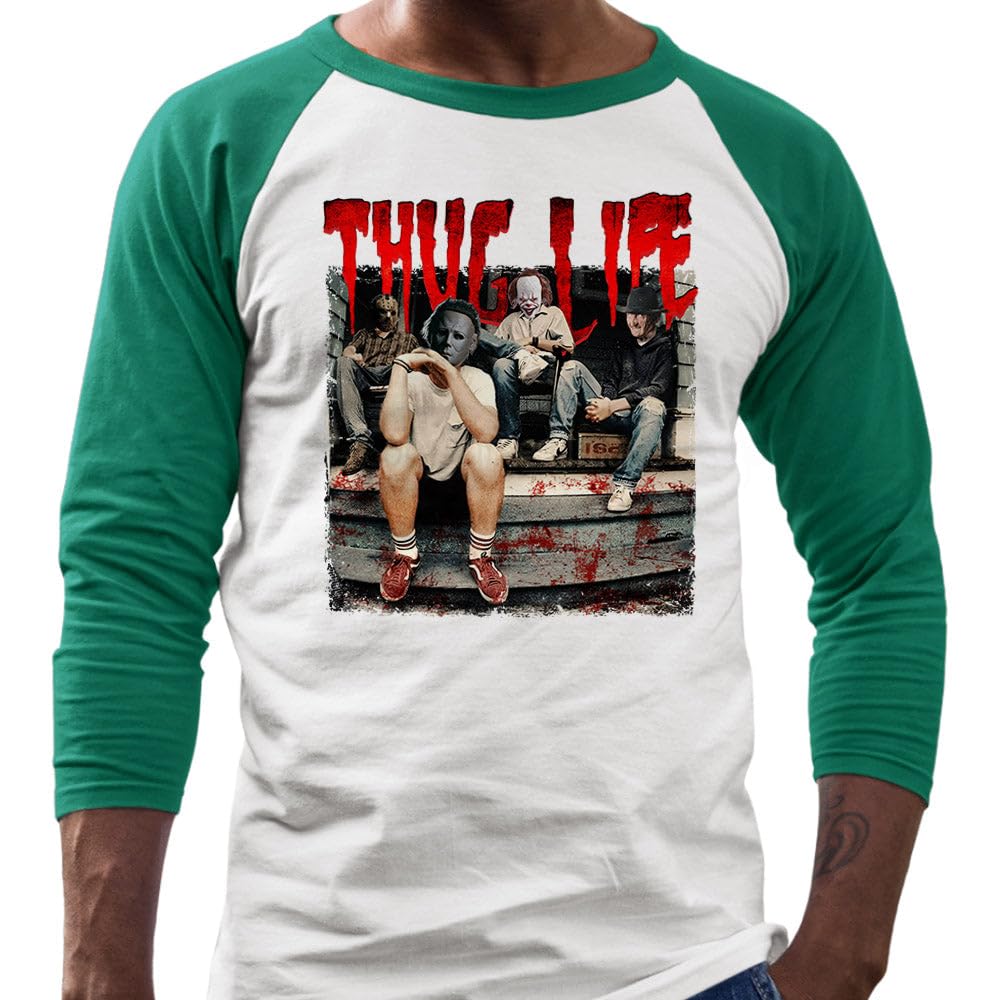 TeesAndTankYou Horror Halloween Thug Life Three-Quarter Raglan Sleeve Baseball Shirt Unisex X-Small White/Kelly