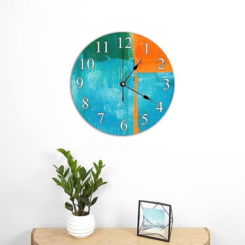 Miniatura 4 de Reloj de pared abstracto con pintura al óleo de color azul, naranja, verde azulado, de PVC, funciona con pilas, silencioso, sin tictac, 12 x 12