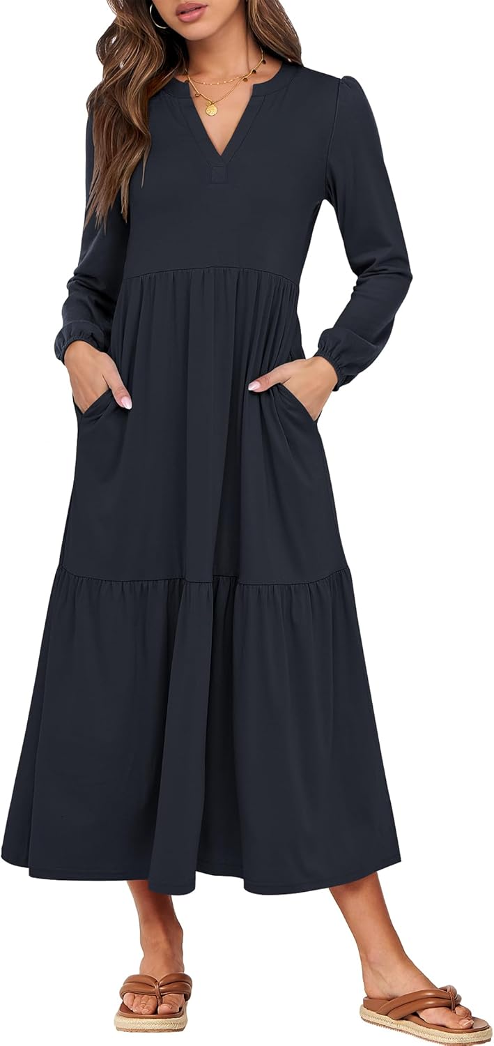 ANRABESS Women's Long Sleeve Maxi Dresses 2025 Fall Casual V Neck Flowy Tiered Boho Modest Trendy Vacation Dress with Pockets