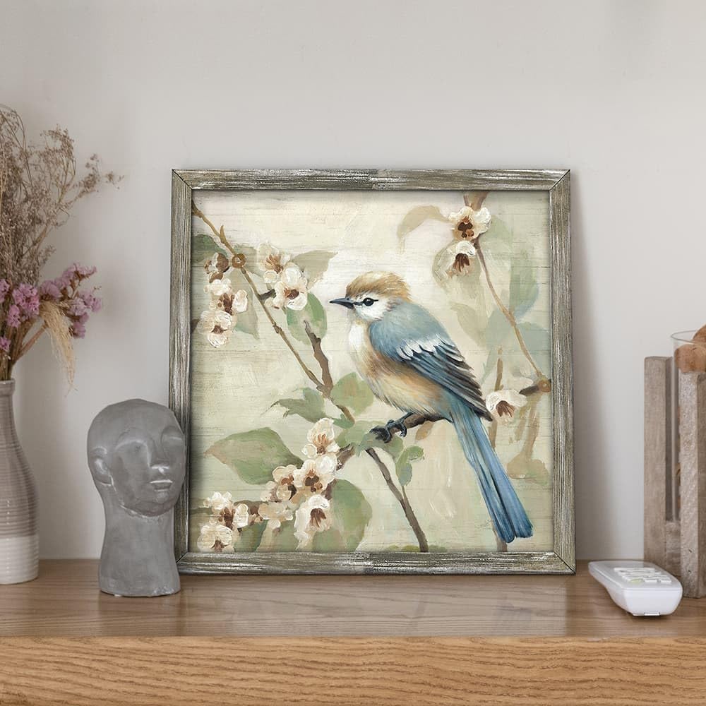 Wooden Framed Wall Art: Elegant Flower Tree and Bird Painting Blossom Floral Picture Prints Vintage Animal Bird Artwork for Bathroom