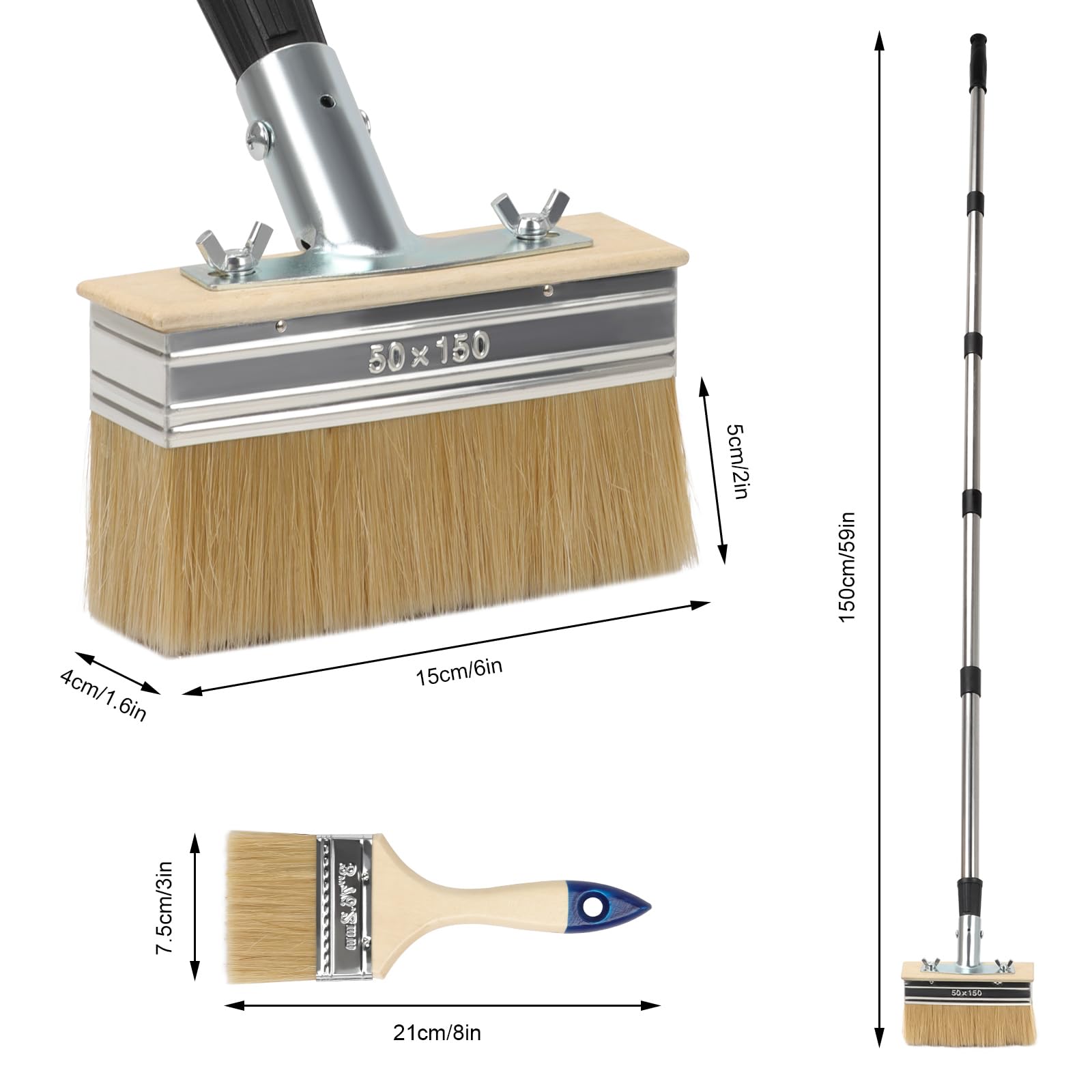 Terrassen-Streichbürste mit Teleskopstiel – 150mm Lasurpinsel & 3-Zoll Malerbürste – inkl. 152 cm Verlängerungsstiel – Streichbürste für Holzterrasse, Zaun, Betonboden, Holzschutz, Öl, Lack, Lasur