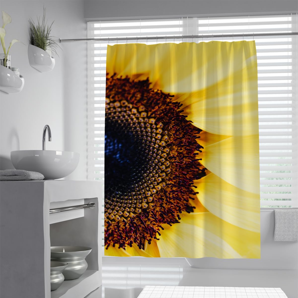 UIRINGART Yellow Sunflower Bath Curtain W150xL180cm Macro Blossom Helianthus Art Waterproof Anti Mould Bathtub Screen with Hooks