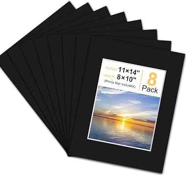 Phinus 8 Pack Picture Mats for Frames, Acid Free 11x14 Matted to 8x10, Picture Frame Mats for Pictures, Watercolor, Artwork and Prints Black