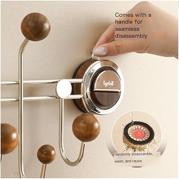 Wall Mounted Clothes Rack, No-Door Holes Suction Cup Hooks, Wall Mounted Coat Rack for Bedroom/Entry Door Storage(Dark brown)