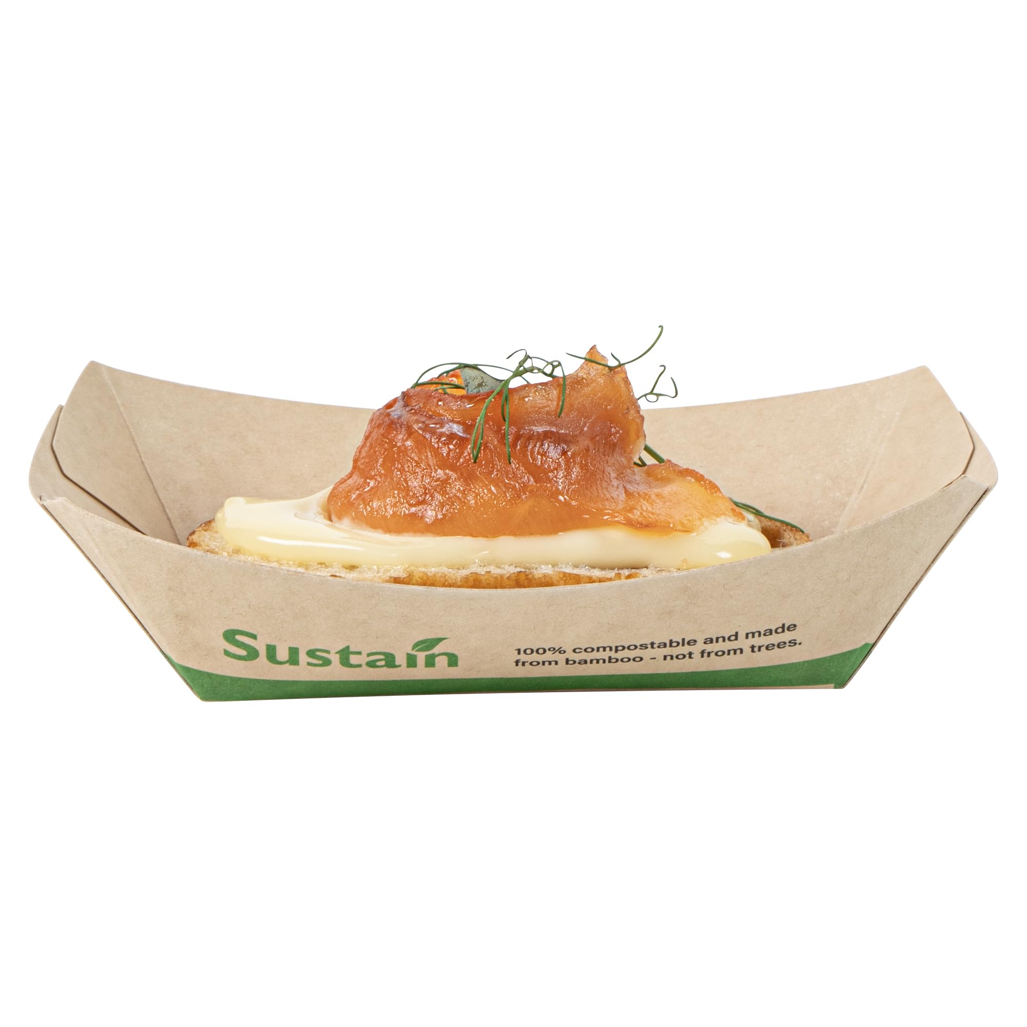 Restaurantware -Sustain - Barcos desechables de comida de 4 onzas, 50 bandejas de papel resistentes para alimentos, con forro de ácido poliláctico, compostables, bandejas de servir de papel de bambú