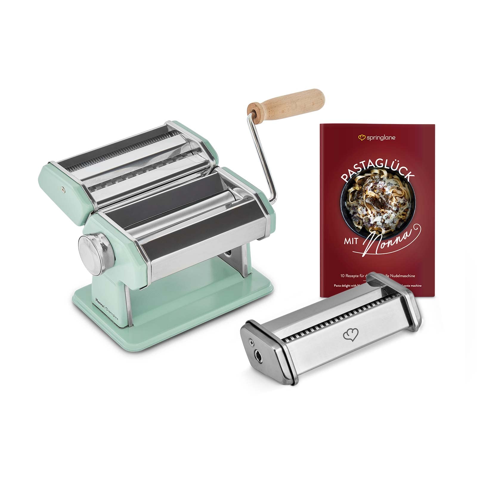 SPRINGLANE Máquina de fideos manual Nonna con Accesorio para linguine, Acero inoxidable, Máquina para hacer pasta, incluye secador de pasta y 3 accesorios para cortar espaguetis, lasaña, tallarines