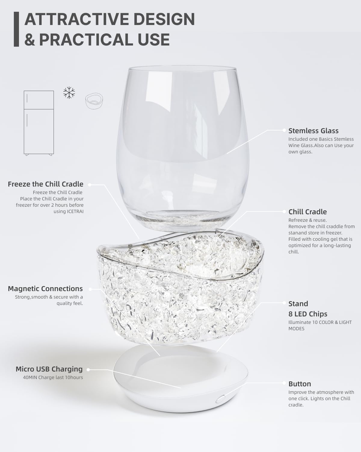 Wine Chiller for Glass Stemless Wine Glass Chiller Keeps Your Glasses of Vino Cold 10 Color Light Modes Separable Wine Essentials Accessories (White) - Image 5