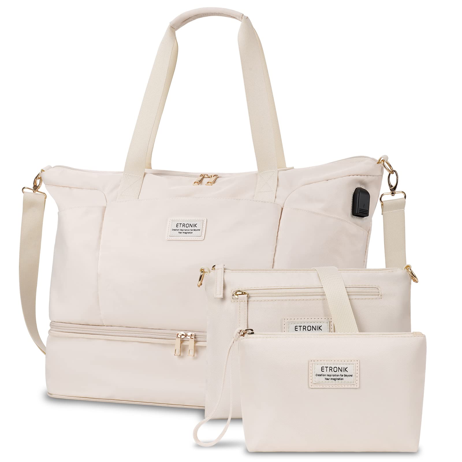 ETRONIK Weekender Bag for Women, Expandable Travel Duffel Bag with USB Charging Port, Gym Bag with Shoe Compartment and Wet Pocket, Carry On Tote Bag for Women Travel Airplanes 3Pcs Set, Off White