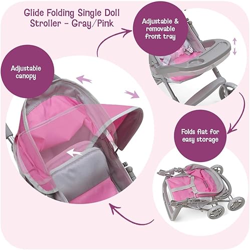 Miniatura 3 de Badger Basket Deluxe Glide - Cochecito plegable para muñecas de 18 pulgadas en gris y rosa, ideal para aventuras de juego