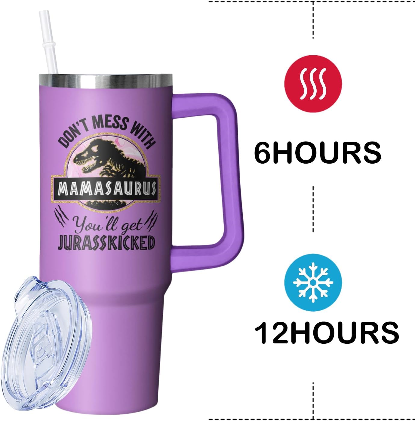 40oz Mamasaurus Tumbler with Handle and Straw, Don't Mess with Mamasaurus You'll Get Jurasskicked, Coffee Mug Water Bottle Stainless Steel Cup, Mothers Day Christmas Birthday Gift