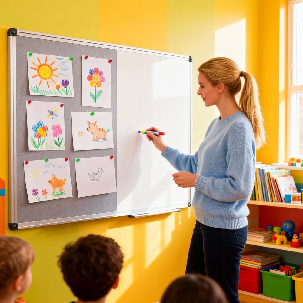 XIWODE Whiteboard Magnetisch & Pinnwand Filz - 2in1 Kombitafel: Magnettafel 90x60, Weiße Abwischbare Magnetwand, Graue Filzwand inkl. Zubehör zum Aufhängen an der Wand für Zuhause, Büro, Schule