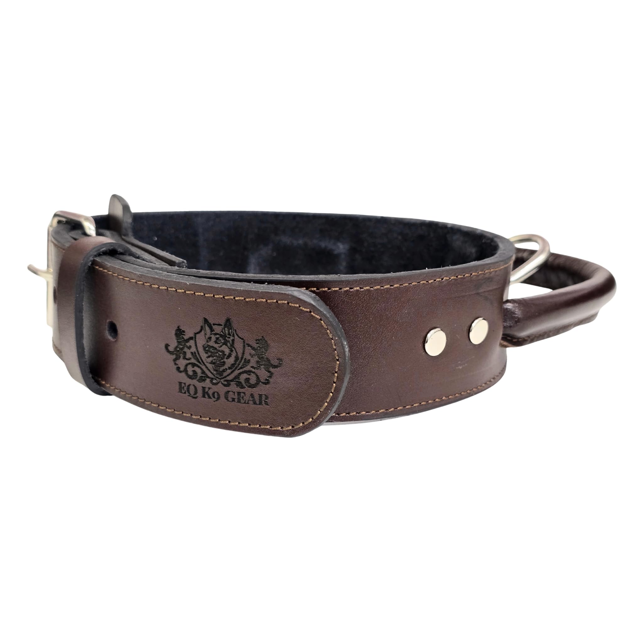EQ K9 Leather Dog Collar with Handle, Agitation Collar for Dog Training & Dog Walking, Premium Buffalo Leather (Brown, Large (45cm to 57cm))