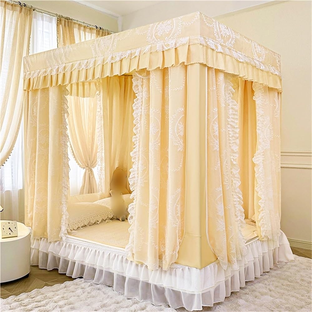 Princess Bed Canopy Curtain, Double Layer, 4 Corner Post, 3 Openings, Cute Cozy Square Design for Girls Bedroom, Suitable for Full/Queen/King Size Beds