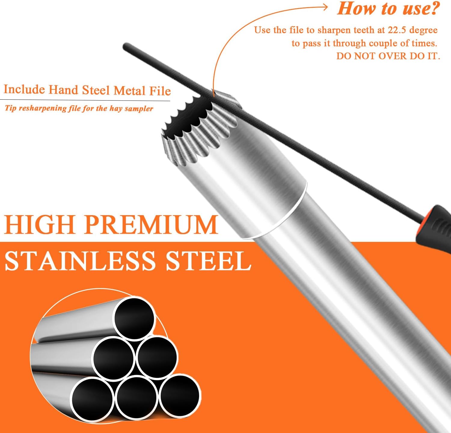 Hay Probe Bale Sampler, 26 Inch Stainless Steel Hay Core and Forage Probe for Drill, Serrated Tip Design, Accurate Hay Testing, Comes with Dowel and Metal File for Resharpening