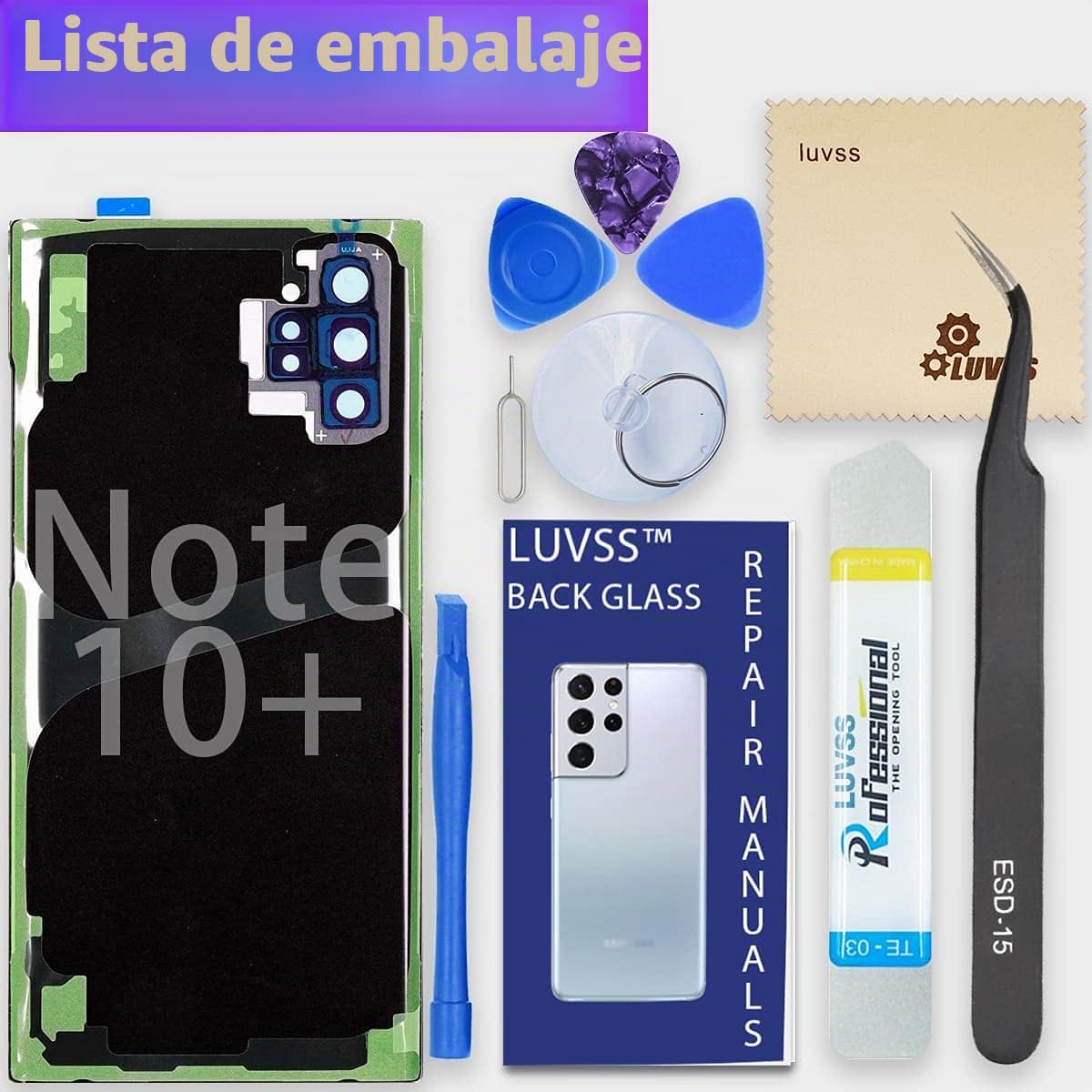 LUVSS Tapa Trasera Vidrio para Samsung Galaxy Note 10+ Plus Cubre Bateria con Lente de Cámara Reemplazo Kit de Reparación SM-N976 N975F -Plata Aura Glow