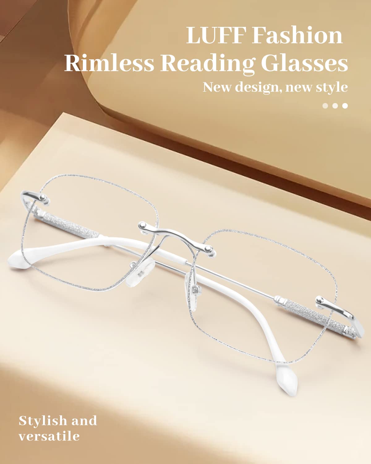 LUFF Rimless Reading Glasses for Women Blue Light Blocking,Fashion Metal Computer Readers,Lightweight and comfort, HD Frameless Eyeglasses Anti Eyestrain(Silver)(2.5X)