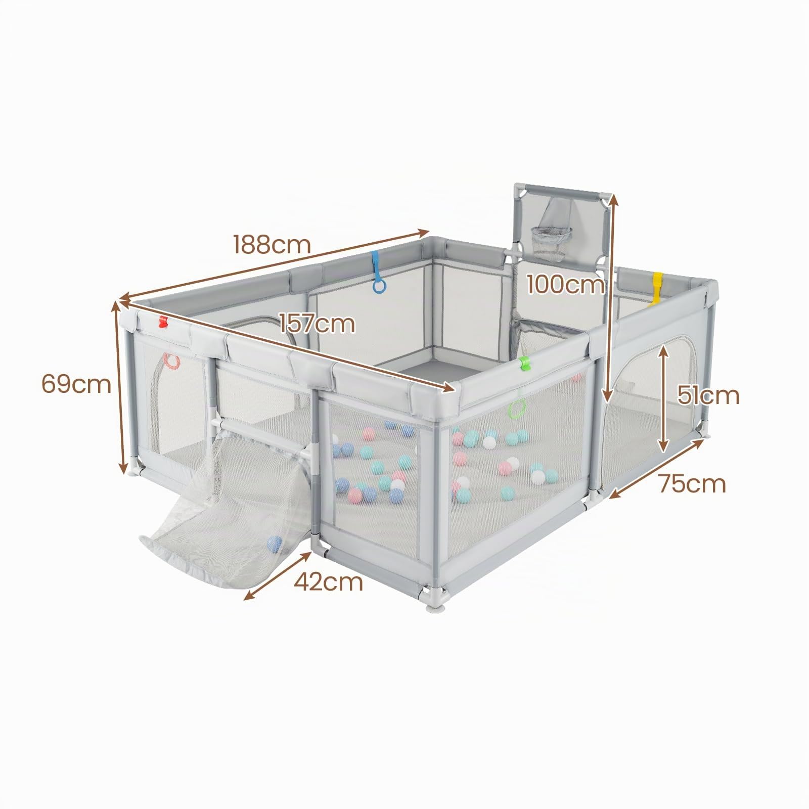 LIFEZEAL Parc Bébé Pliable 188x157x69 cm avec Panier de Basket et Filet de Football, Grand Parc Enfant avec Sac de Transport, 4 Anneaux et 50 Balles, 0-36 Mois (Gris Clair| Sans tapis de jeu)