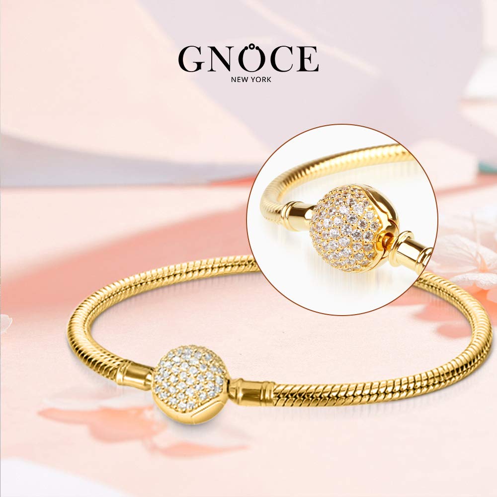 Gnoce Sterling Silber Basic Charm Armband Zierlicher Armreif mit Kristallrand Verschluss Armbänder Damen DIY Schlangenkette 18K Rosegold plattiert Liebenswerte Geschenke für Sie