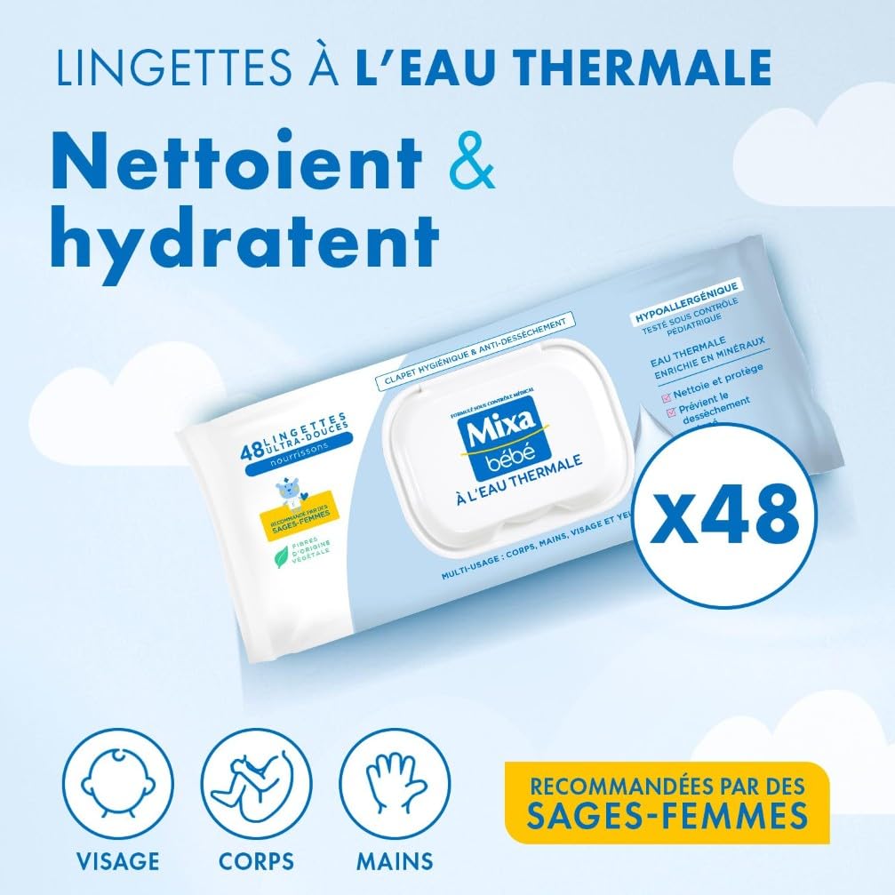 Mixa Lingettes Bébé à L'eau Thermale, Lot de 4 x 48 Lingettes : Hypoallergéniques, Nettoient en Douceur
