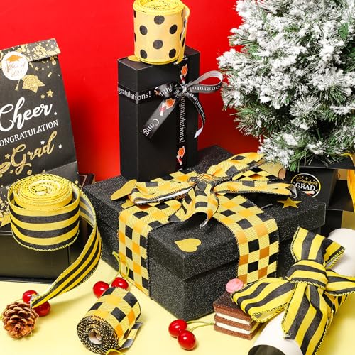 Image of 3 Rolls 15 Yards Burlap Wired Ribbon Christmas Wrapping Farmhouse Craft Ribbon Plaid Striped Dot Pattern for Party Home DIY Crafts Holiday Decoration (Yellow and Black)