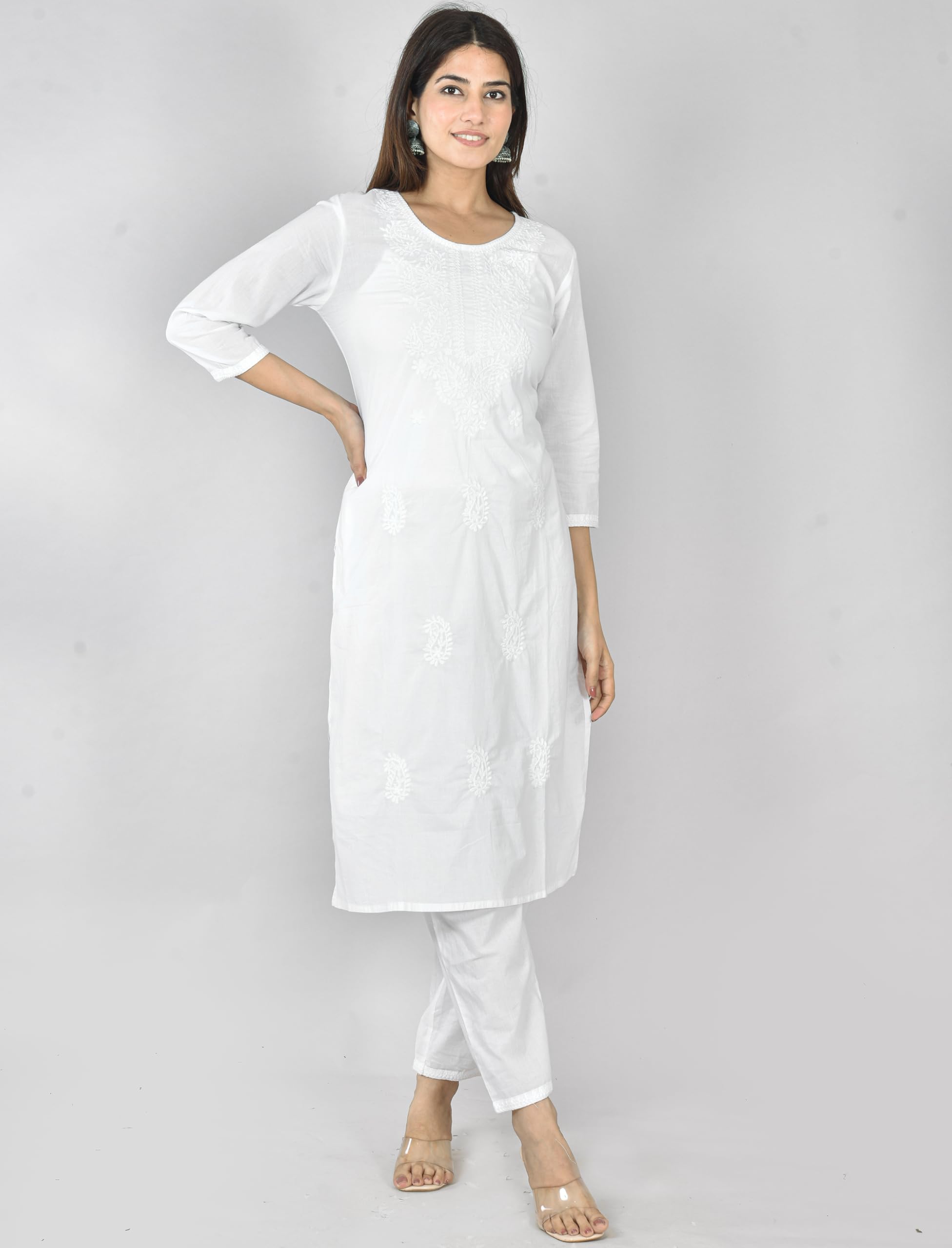 Vrnda Ensemble Kurta Pantalon Chikankari Blanc et Noir pour Femme – Costume Indien Fait Main, Salwar Kameez Bicolore