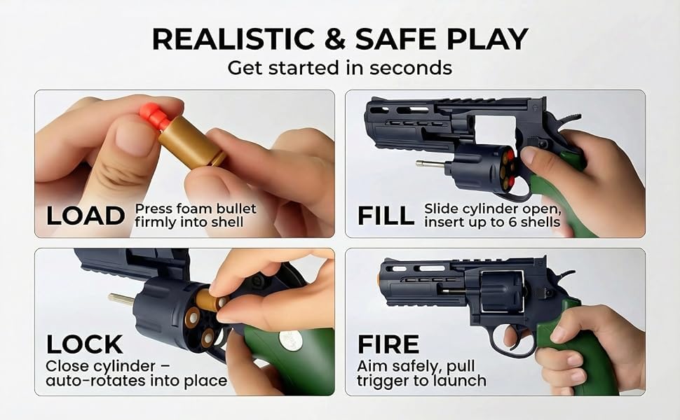Image of TOYPAPA''Revolver Toy Gun | Long Barrel Strong ABS Plastic Airsoft Gun Pistol Semi Automatic | 12 Bullet Shell' and 50 Bullets Included''(Black+Green)