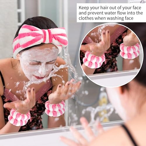 Miniatura 2 de AHONEY Juego de diadema y pulsera, lindas diademas de maquillaje para spa y cuidado de la piel, diademas para lavar la cara, diadema rosa para