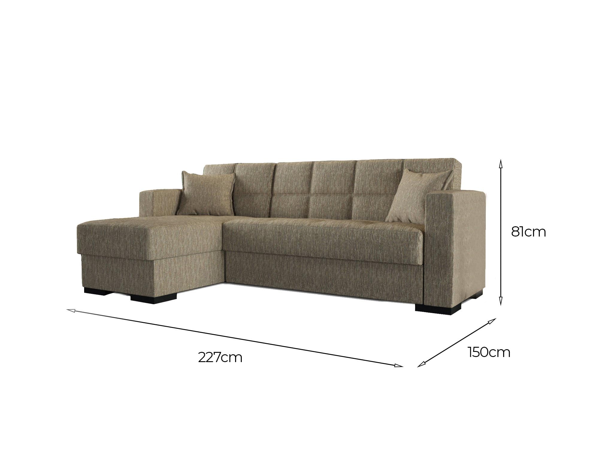 Dmora Divano Letto con penisola Fernando, Divano ad Angolo Reversibile, Sofà Contenitore da Soggiorno con Chaise Longue e 2 Cuscini, 230x150h81 cm, Beige