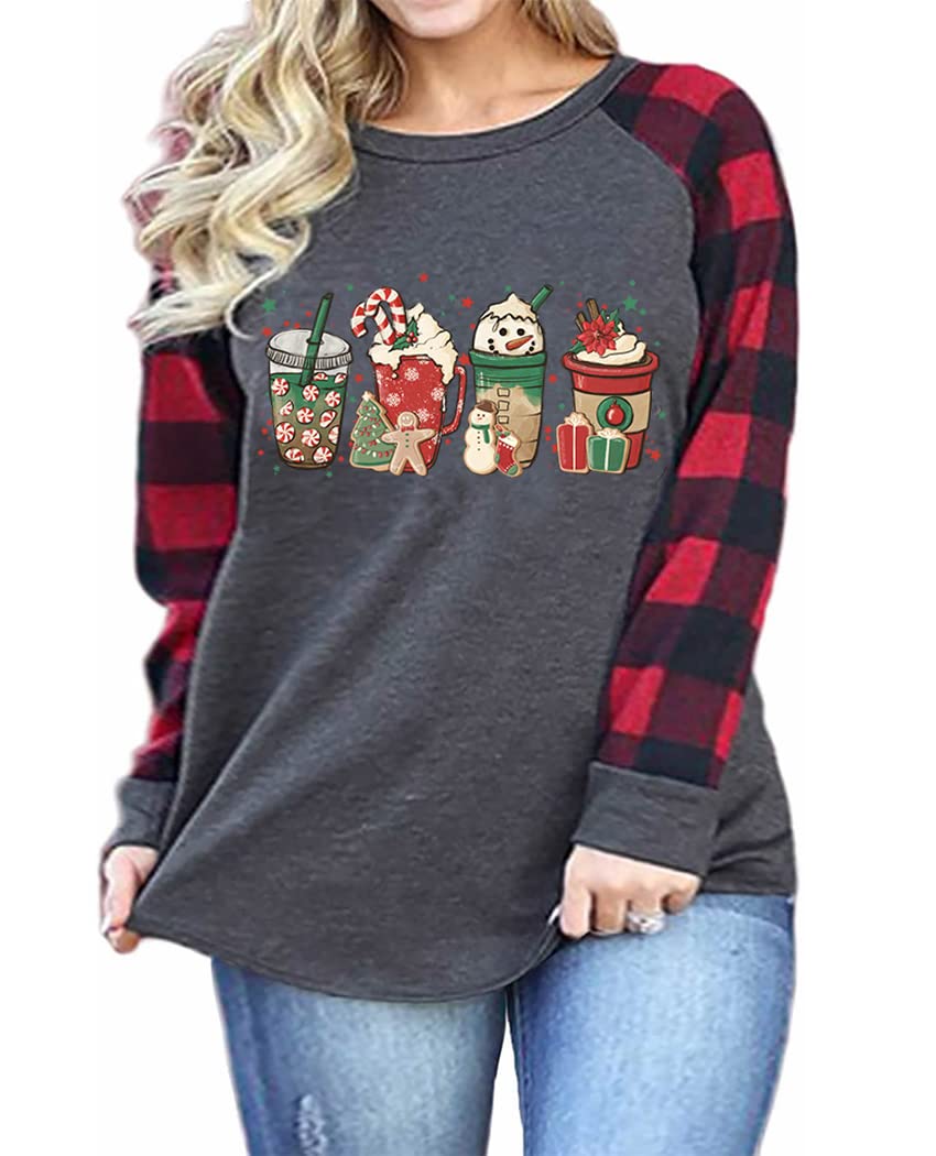 GeLivablePlus Size Christmas Coffee Candy Buffalo Plaid Shirt Women Holiday Raglan Long Sleeve Tops, Grey, XXL Plus