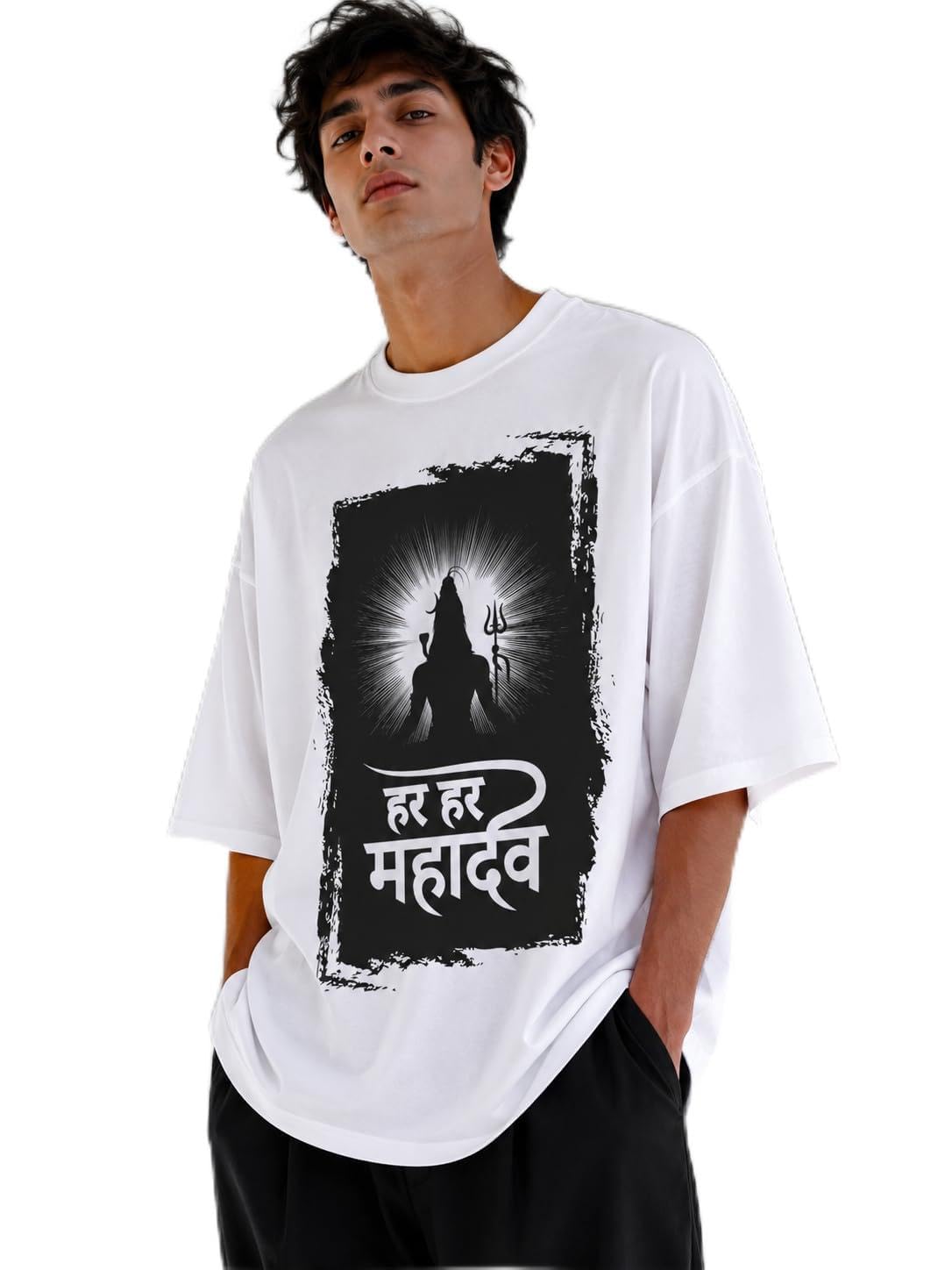 Men's Oversized White Printed T-Shirt | Round Neck Half Sleeve Graphic Print Cotton Blend Loose Fit Casual T-Shirt for Men-picture-10