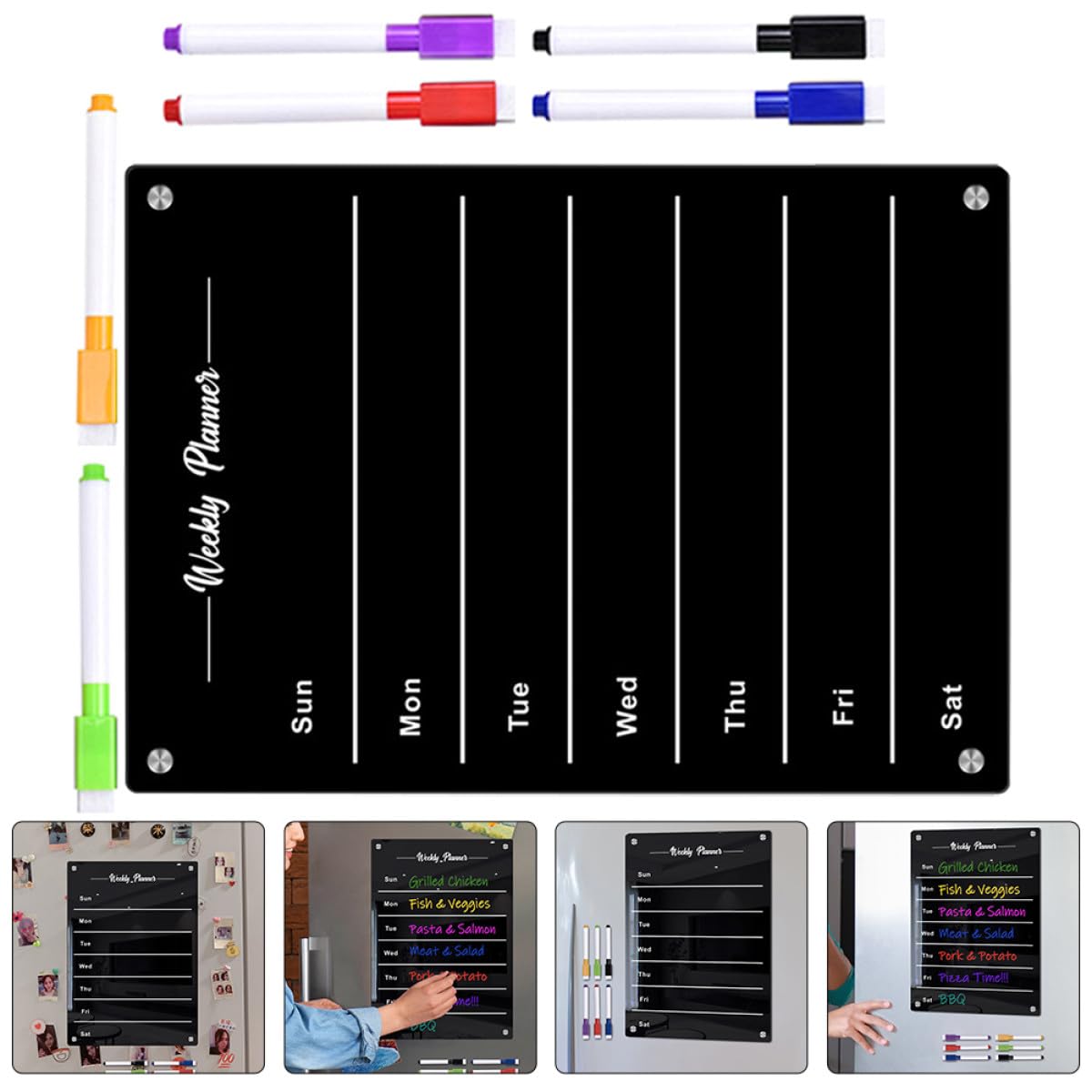 BETOOKY Magnetisches Acryl Küchenplaner Whiteboard in Schwarz Abwischbares Terminplan Nachrichtenbrett für Kühlschrank für Küche und Büro Glatte Schreibfläche