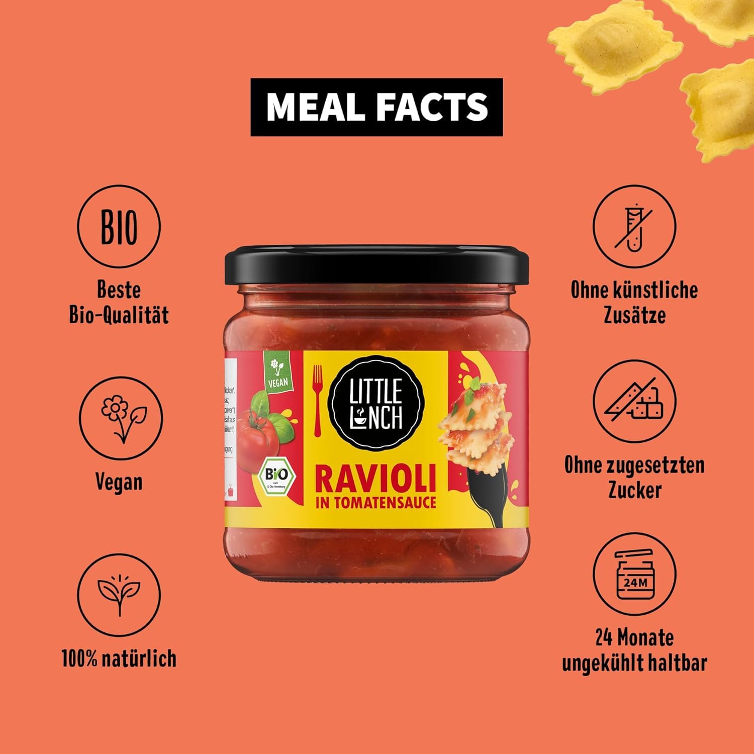 Little Lunch Bio Ravioli in Tomatensauce | Vegan | 6 x 350g | Nudeln mit Gemüsefüllung | vegan | ideal für Camping | ohne Zuckerzusatz | 6er Vorteilspack
