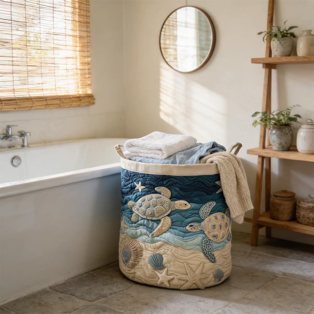Turtle Quilted Laundry Basket - 18"/22"/28", Quilted Sea Turtle Fabric Storage Hamper with Handles, Soft Quilted Laundry Basket for Nursery, Laundry Room,Clothes & Toys (Turtle Pattern A, L 20"x18")