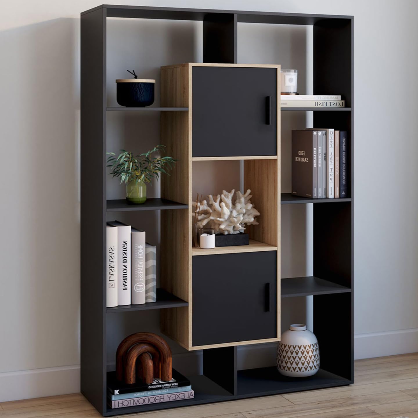 IDMarket – Estantería biblioteca Colette con 11 compartimentos y 2 cajas, color negro y efecto madera, 143 cm