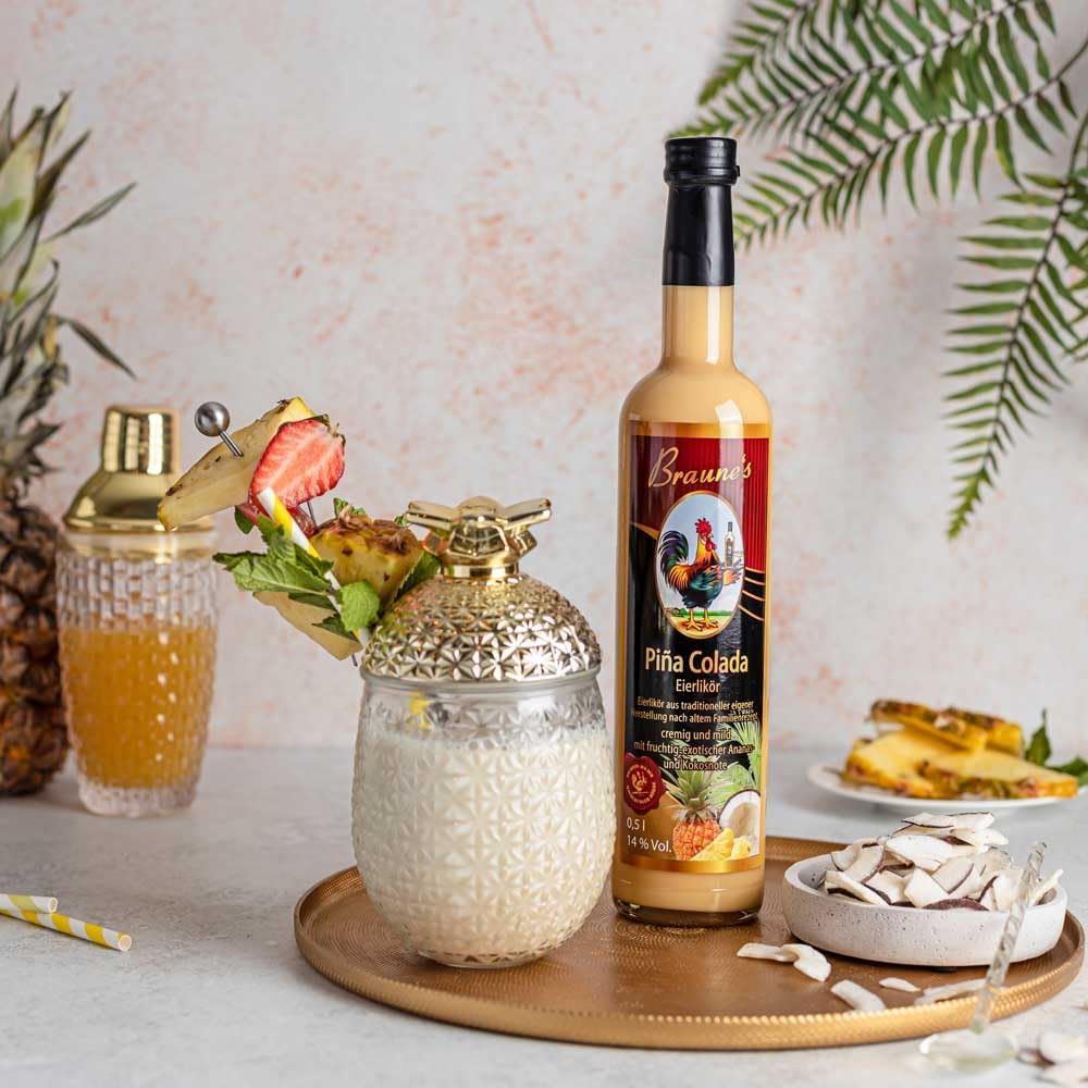 Braunes Eierlikör Hell Eierlikör-Set Probier-Paket (4 Flaschen je 0,5 Ltr.) 14% vol - cremig und dickflüssig - Traditionelle Herstellung - Manufaktur (Klassik, Crème Brûlée, Himbeer und Piña Colada)