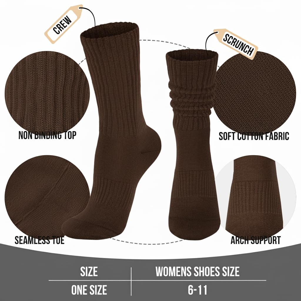 Womens Scrunch Crew Socks: Retro Solid Slouch Mid Calf Socks - Cotton Casual Athletic Socks: 6-11 C06-brown/Khaki/Cream