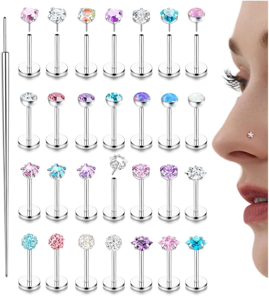 20G/18G/16G Threadless Nose Studs Hypoallergenic Flat Back Earrings Surgical Steel Opal Helix Piercing Tragus Stud Conch Cartilage Medusa Labret Piercing Jewellery For Women Men 6/8MM